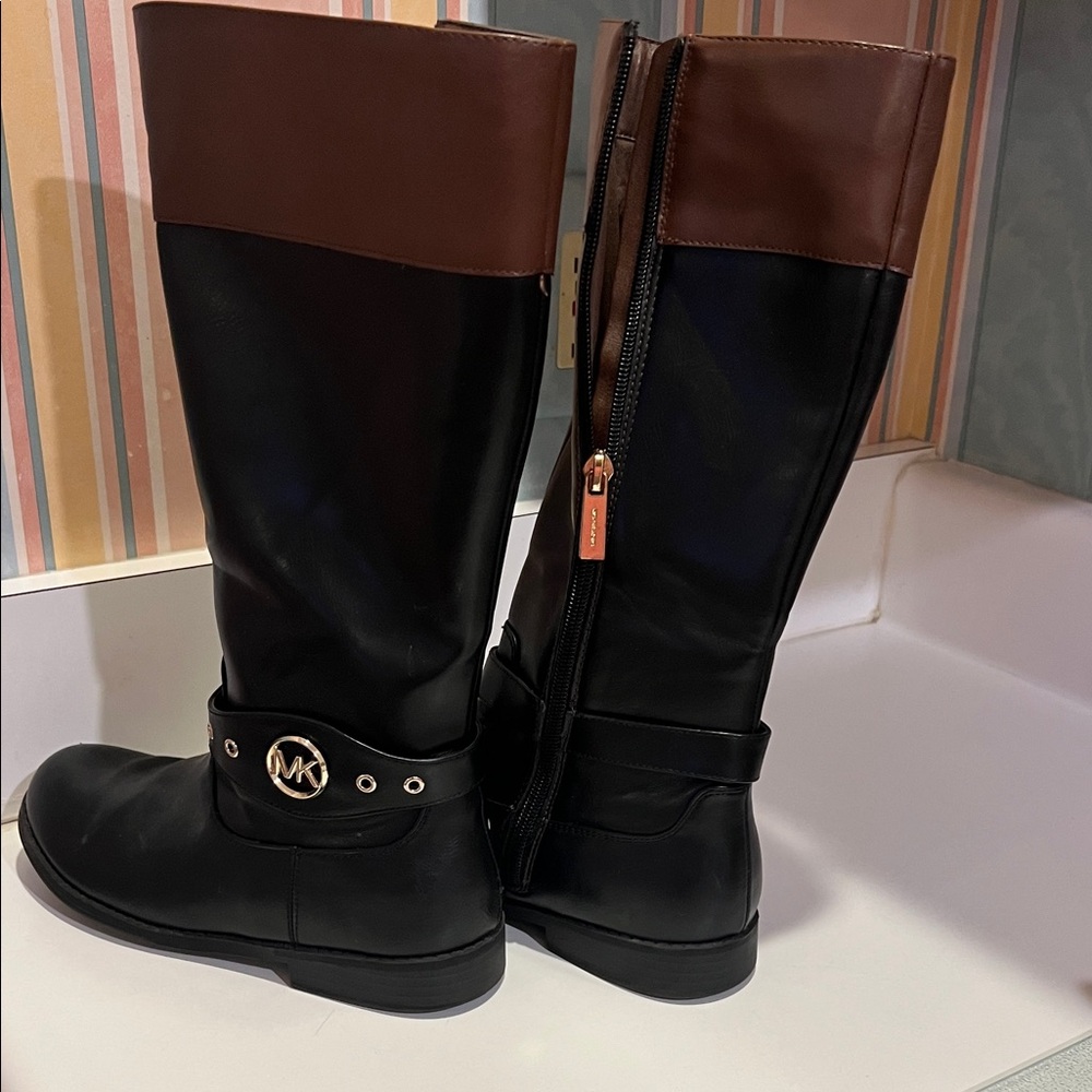 Michael Kors Black and Brown Over the Knee Boots with Logo Accent